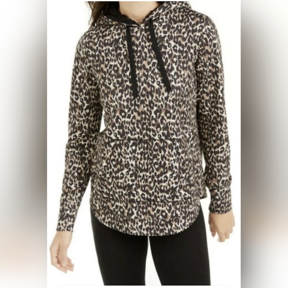 Women's Ideology Leopard Print Sherpa Lined Hoodie Sweatshirt Brown Size XS